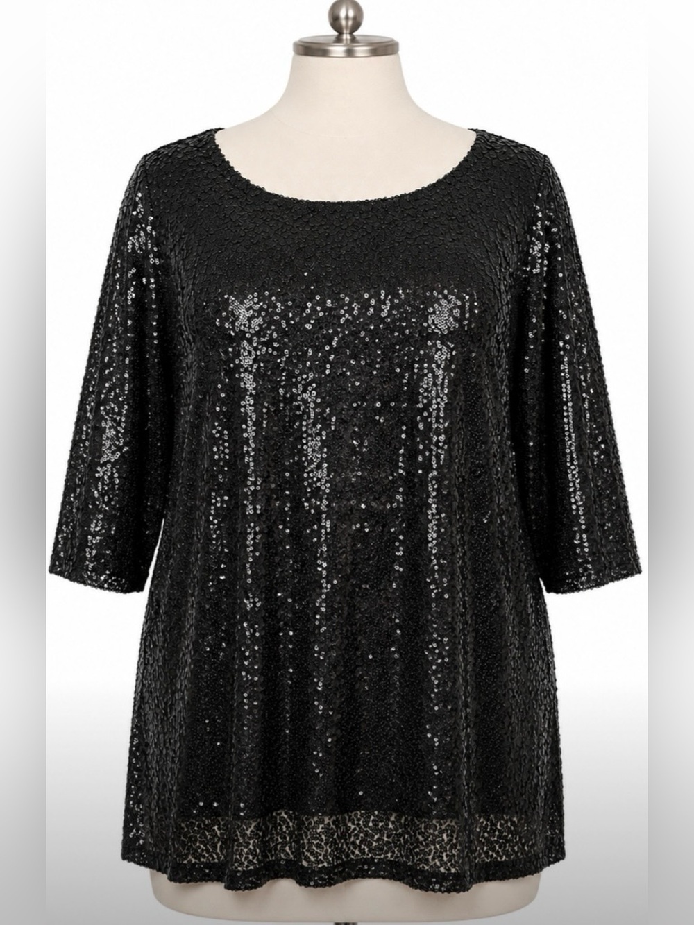 Italian Made Black Sequin Tunic Top Glam Party Evening Blouse Classic Chic Shirt